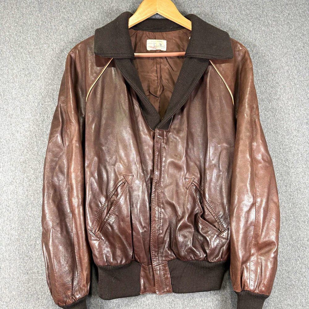 Vintage Jordan Marsh Brown Bomber Jacket Made in Italy Knit Collar Pockets